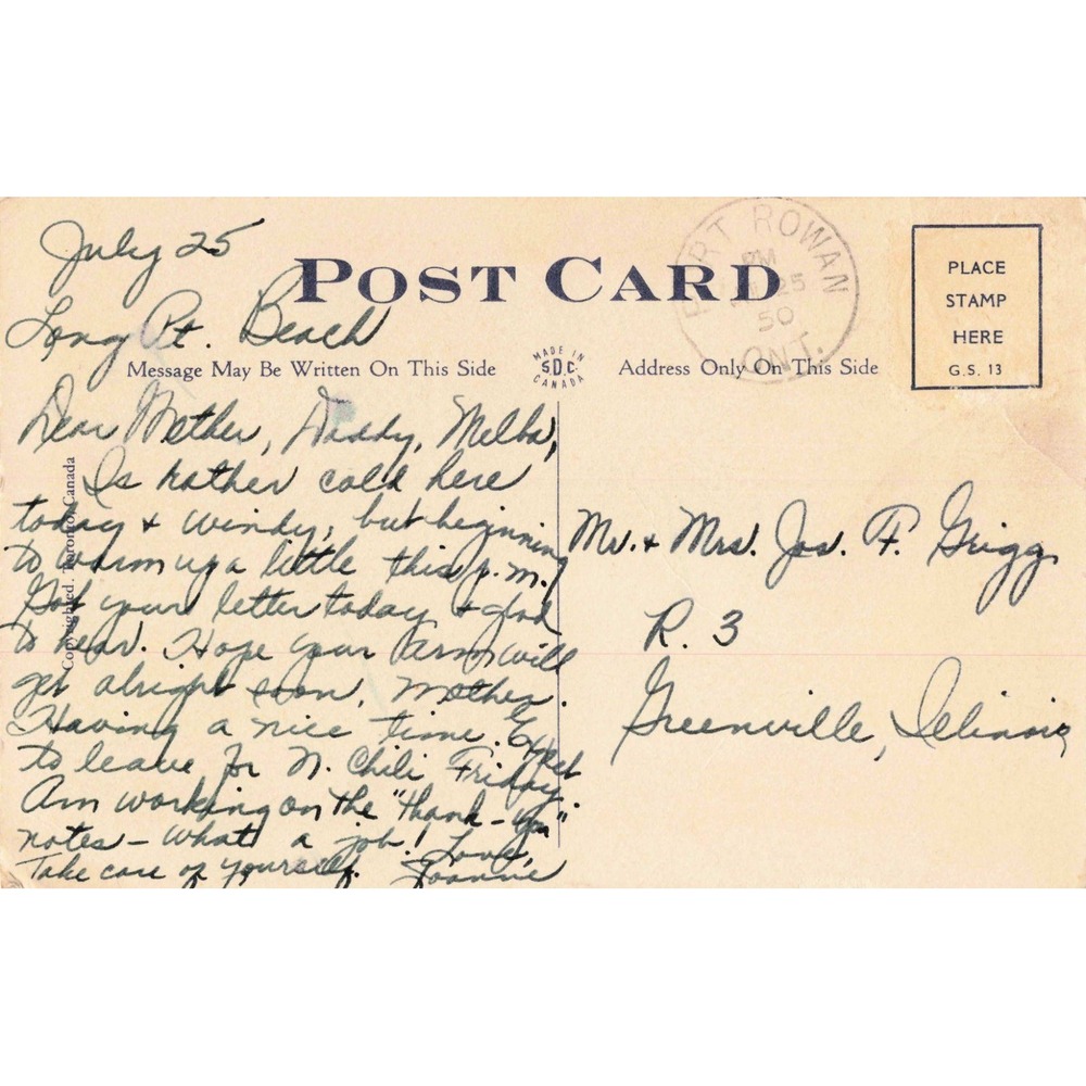 Vintage Greetings from Long Point Beach Canada Postcard 1950 Port Rowan Postmark - Picture 2 of 2